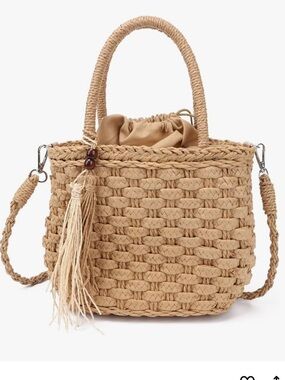 Woven Straw Tote Bag with Tassel - Natural